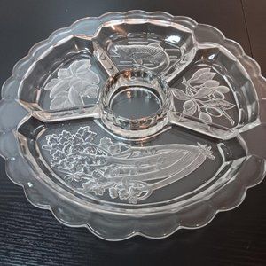 Vintage Intaglio Round Clear Etched Glass Relish Serving Dish. 12 1/4" Diameter.